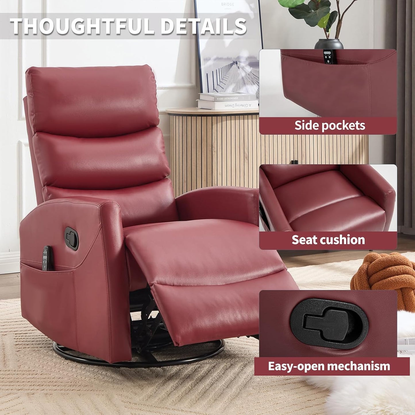 Massage Chair Recliner with Heat, Swivel Rocking Chair Recliner with High Back, Manual Nursery Recliners for Adults,Small Recliner Chair for Small Spaces, Living Room Bedroom, Fabric (Blue Green)