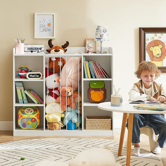 Toddler Stuffed Animal Zoo, Toy Storage Organizer for Playroom, Plush Toy Organizers and Storage, Book Shelf for Kids Rooms, Elastic Band Child Bookcase, Toy Shelf with 8 Storage Cubbies (White)