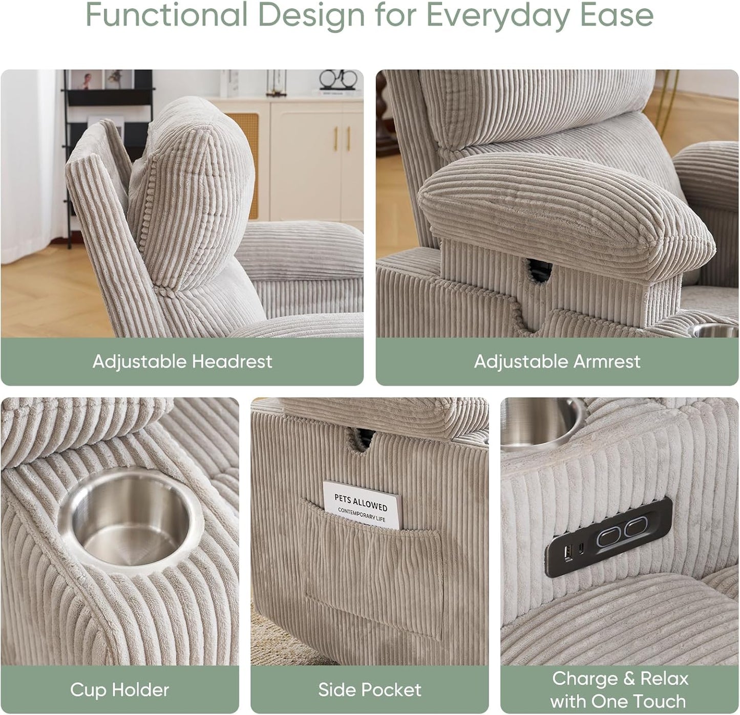 Rocking Chair Nursery with Adjustable Armrest for Breastfeeding, Glider Recliner Nursery Chair with Massage and Heat, Power Swivel Rocker Recliner with Adjustable Headrest, Corduroy, Beige