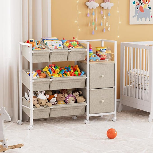 Modanais Kids Toy Organizers and Storage Bins - 7 Storage Bins + 2 Fabric Drawers + 1 Bookshelf, Playroom Storage, Mobile Cart Organizer for Toy, Clothes, Blankets and Books - Off White
