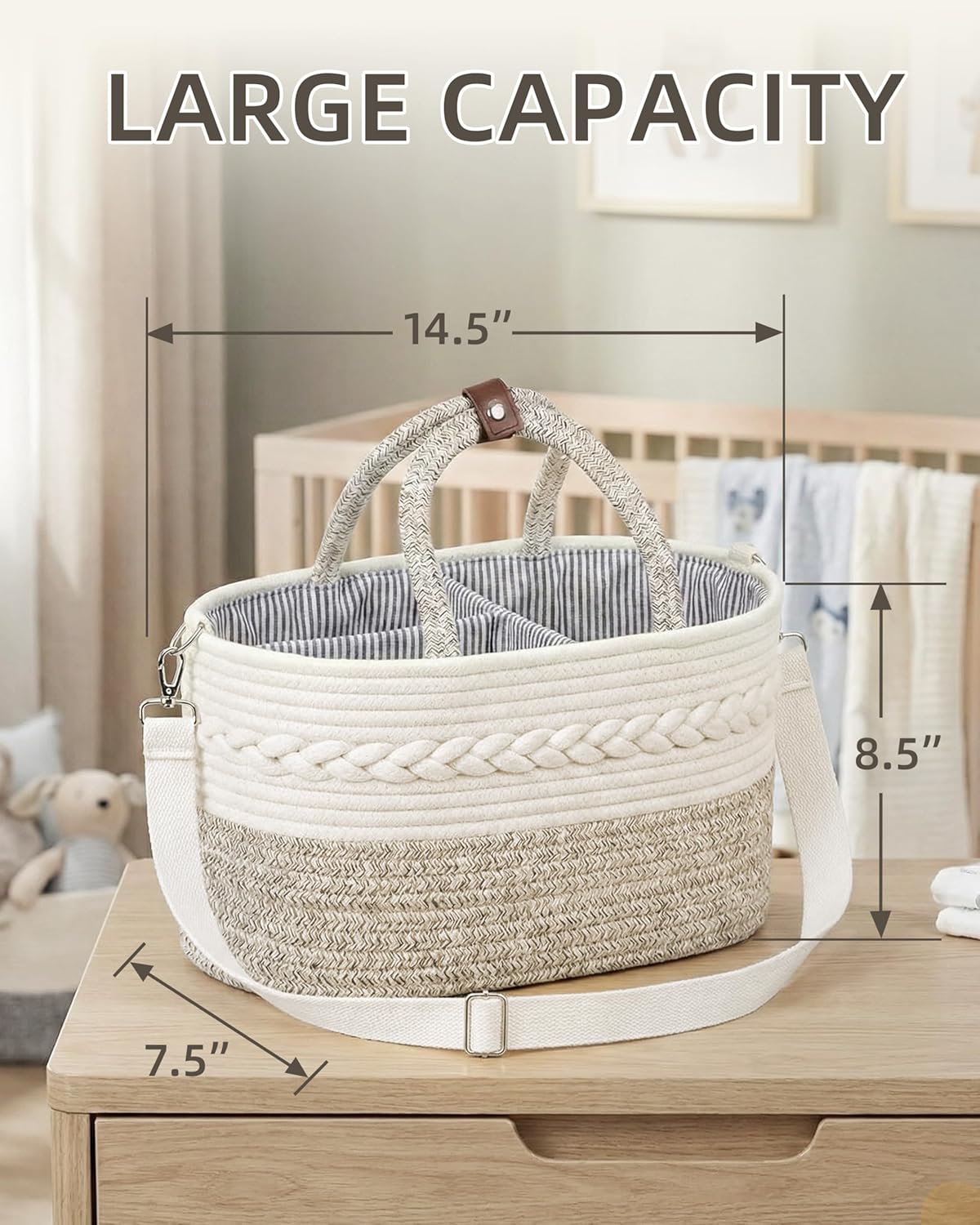 Baby Diaper Caddy Organizer With Handle, Cotton Rope Baby Shower Basket, Large Diaper Caddy with Shoulder Straps for Newborn Parents, Home and Car Travel, 14.5"x8.5"x7.5