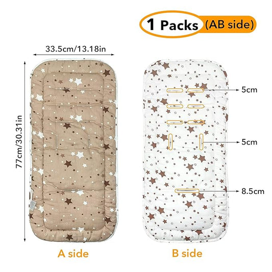 Baby Stroller Cushion,Infant Car Seat Insert-Reversible Universal Breathable and Soft Newborn seat Liner for Stroller,100% Cotton Seat Pad Liner for Newborns-34x78cm,1 Pack(White + Brown Stars)