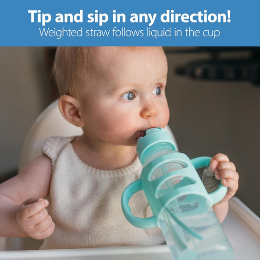 Dr. Brown's Milestones Narrow Sippy Straw Bottle, Spill-Proof with 100% Silicone Handles and Weighted Straw, 8 oz/250 mL, Gray & Green, 6m+