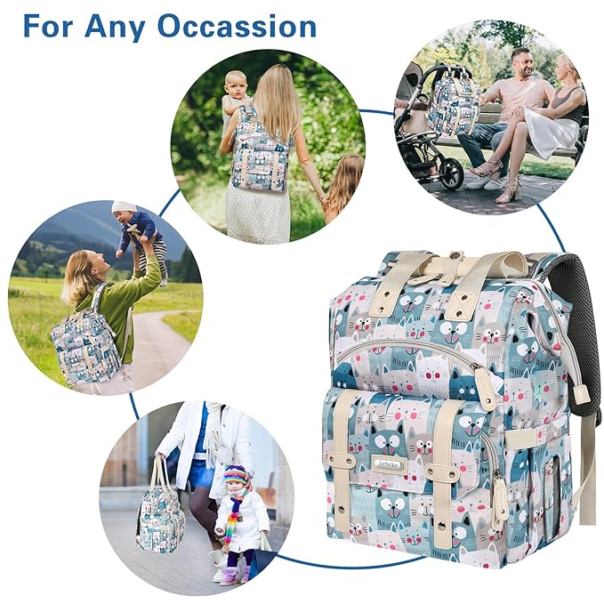 Jiefeike Diaper Bag Backpack,Baby Bags for Mom Dad Girls Boys,15.6inch Cat Dog Travel Baby Diaper Bags with Insulated Pockets RFID Anti-Theft Water-Resistant Pocket