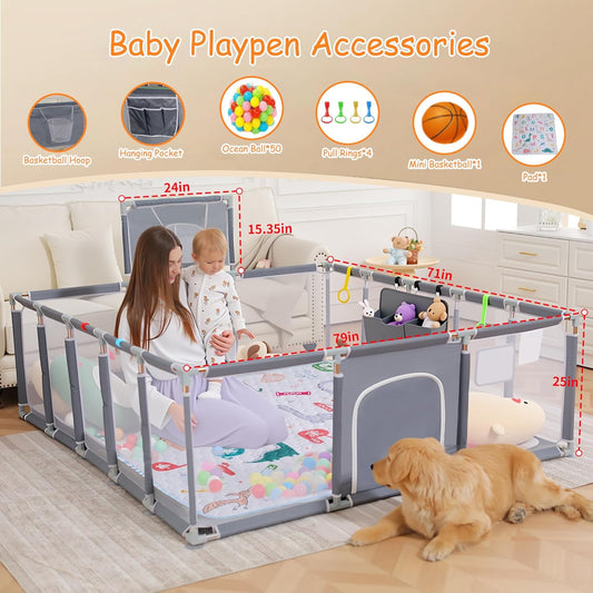 Baby playpen, 79"x71"Baby Playpen with Mat Indoor&Outdoor Playpen for Babies and Toddlers with Breathable Play Pen with Ocean Balls Hanging Pocket Basketball Hoop (Gray)