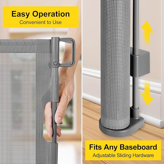Reinforced 42” Tall x 160” Extra Wide Retractable Gates with Support Rods, Tall Pet Gate for Large Openings, Outdoor Dog Gates Extra Wide Baby Gate for The House Large Mesh Gate, Gray