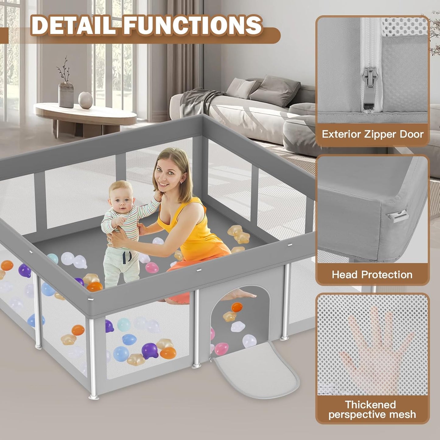 Foldable Baby Playpen 50"×50", Playard for Babies and Toddlers, Portable Safety Baby Fence Lightweight,No Installation, Indoor & Outdoor Playpen with Ocean Balls*50, Grey
