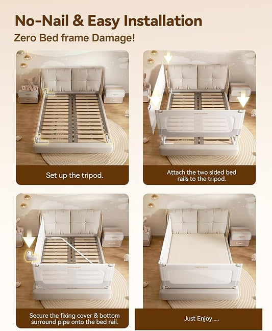 2 Piece Full Size Bed Rails for Toddlers, No-drill Needed Baby Bed Rail Guard with Height Adjustable, Thickened & Reinforced Child Safety Side Railing Guards/Bedrail for Kids,White/Grey, 54x74.8Inches