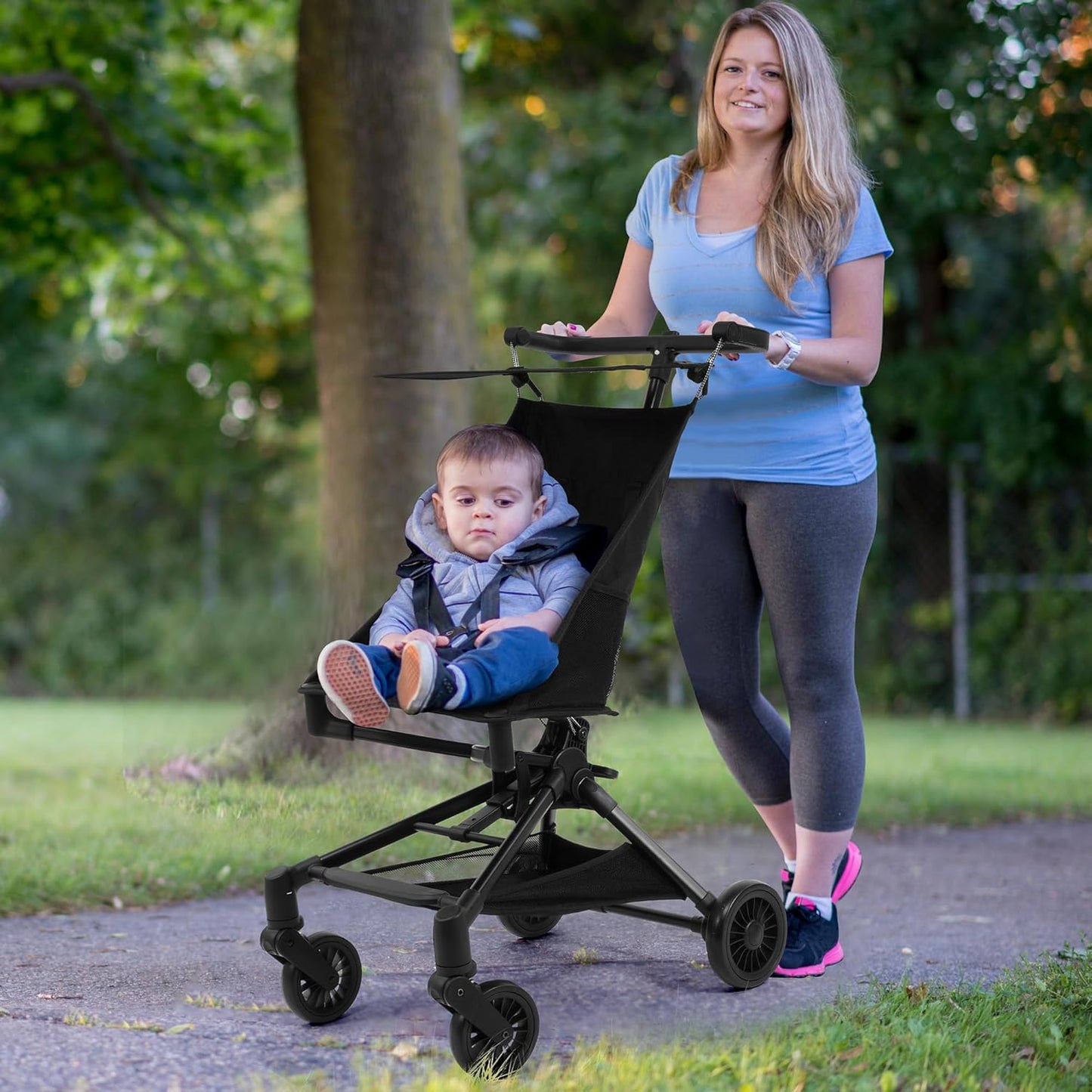 Lightweight Travel Stroller for Airplane, 10.5 lbs Compact Foldable Baby Stroller with Sun Visor & Storage Basket, Convenience Airplane Strollers with Lockable Rear Wheels and Breathable Fabric, Black