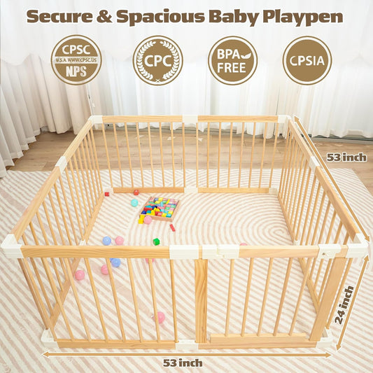 Extra Large Wooden Baby Playpen,Play Pen for Babies and Toddlers Kids Indoor,Security Playard Area Indoor,Easy to Assemble (73x73x24 Inch)
