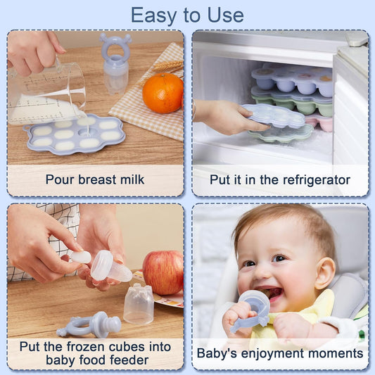 Silicone Nibble Freezer Tray (3 Pack), Kingkam Baby Breastmilk Popsicle Molds, Baby Fruit Feeder Teether Tray, Breast Milk Teether Pop Maker for Homemade Baby Food