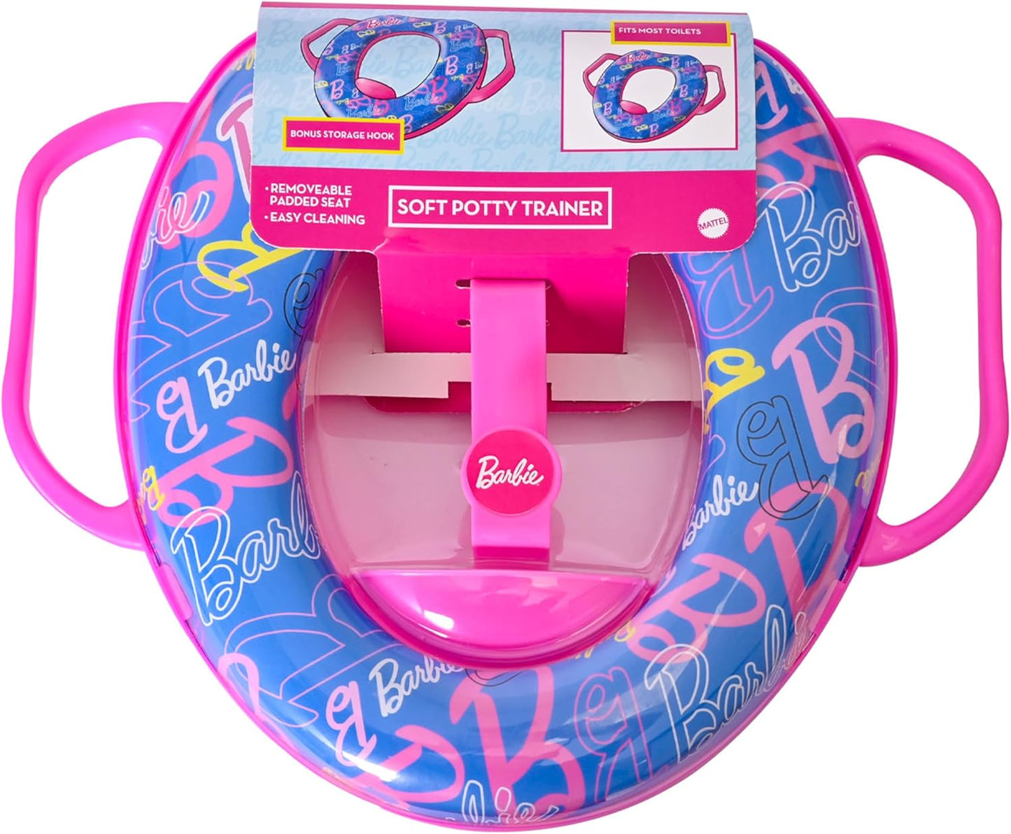 Barbie™ Soft Potty Training Seat for Toilet with Storage Hook, Cushioned Non-Slip Potty Ring with Splash Guard, Built-in Handles for Toddlers, Pink & Blue Barbie Theme