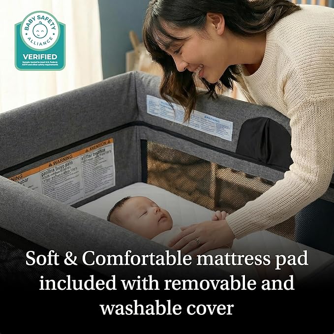 Evolur Zane Portable Playard with Instant Fold, Removable Mattress Cover & Full-Size Zipper Bassinet – Lightweight Travel Crib for Infant (0–18 Months) Grey