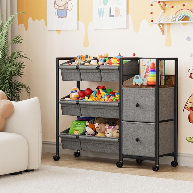 Modanais Kids Toy Organizers and Storage Bins - 7 Storage Bins + 2 Fabric Drawers + 1 Bookshelf, Playroom Storage, Mobile Cart Organizer for Toy, Clothes, Blankets and Books - Black