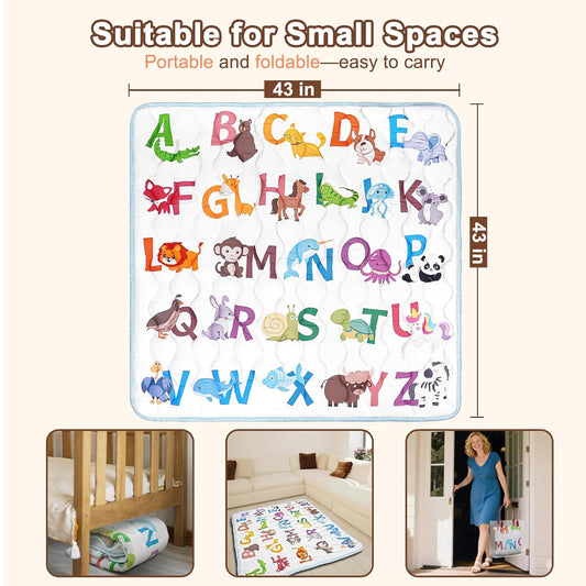Baby Play Mat, 50x50 Playpen Mat with Super Soft Touch, Activity Mats with Upgraded Anti-Slip Bottom, Machine Washable Crawling Mats for Floor & Picnic (Animal Alphabets)