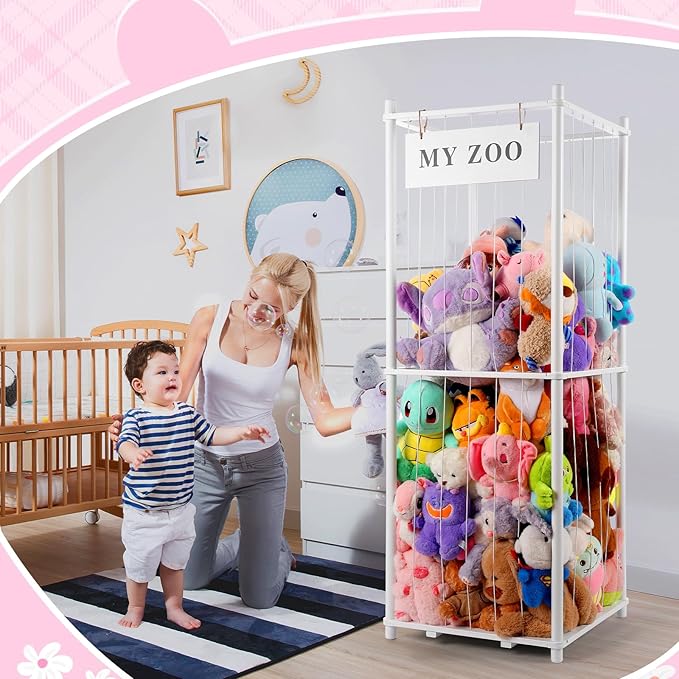 GLDZI Stuffed Animal Storage Zoo, Wooden Stuffed Animal Organizer with Elastic Cords for Boys Girls, Space Saving Toy Plushies Storage Holder for Playroom, Bedroom, Living Room (White, Large)
