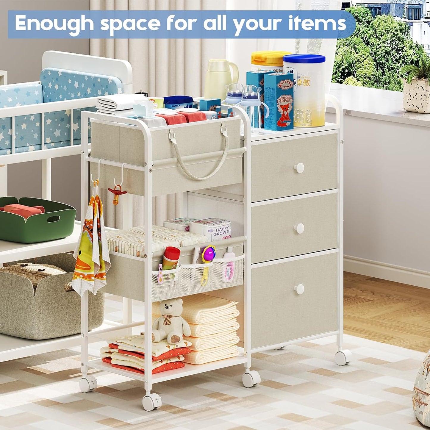 Cidaziya 2In1 Baby Diaper Caddy Organizer and Storage, 3 Tier Rolling Cart with Drawer, Mobile Utility Cart Baby Dresser Clothes Organizer for Crib, Art & Craft Storage, White, 17"W x 11.42"D x 33.5"H