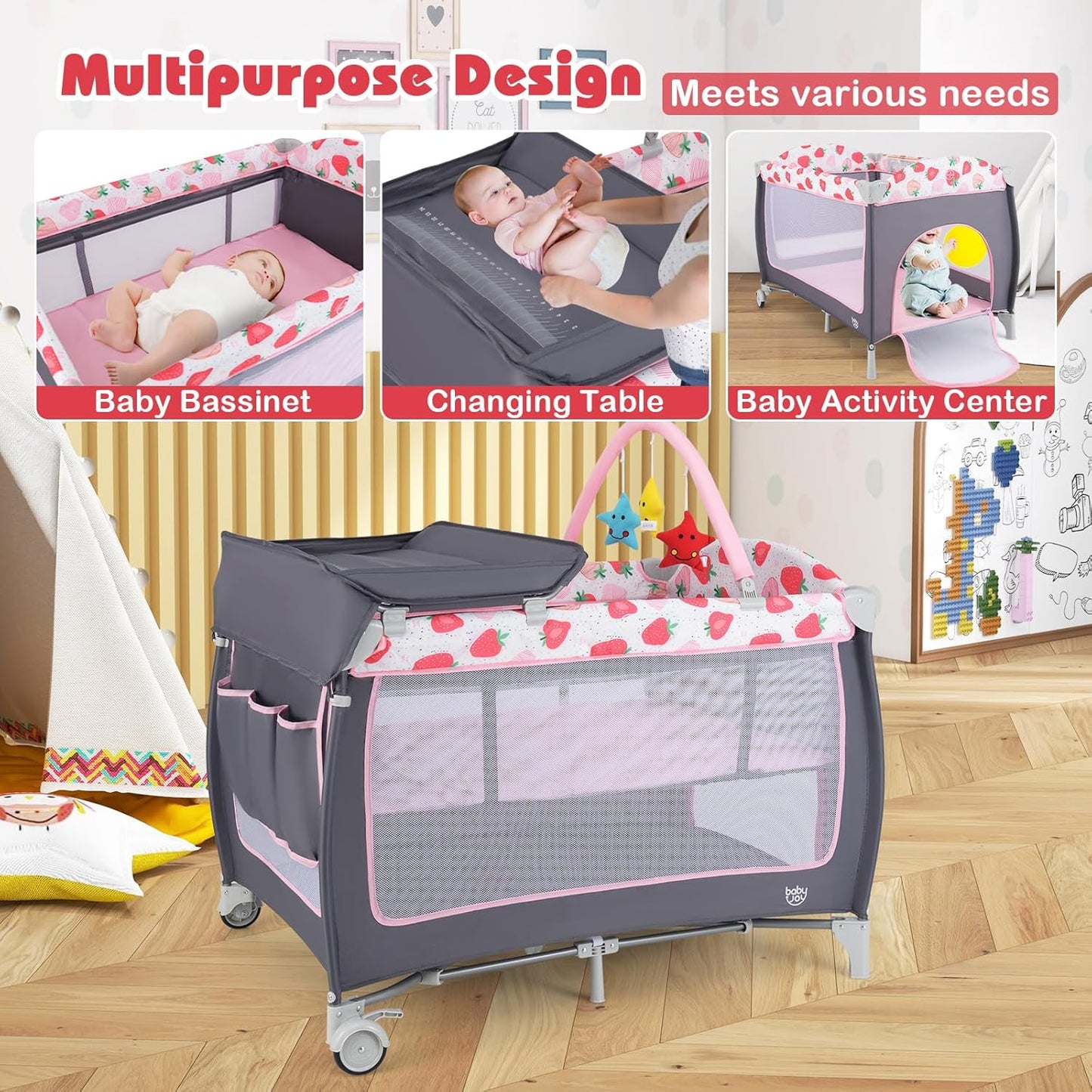 BABY JOY 4 in 1 Pack and Play, Portable Baby Playard with Bassinet, Side Zipper Door, Changing Table, Indoor Outdoor Travel Nursery Center w/Hanging Bar, Lockable Wheels, Carry Bag