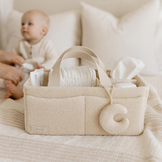 Orelle Bouclé Diaper Caddy Organizer with Matching Pouch & Moon Pendant | Teddy Portable Changing Table Organizer | Must-Have Baby Shower Gifts | Cream