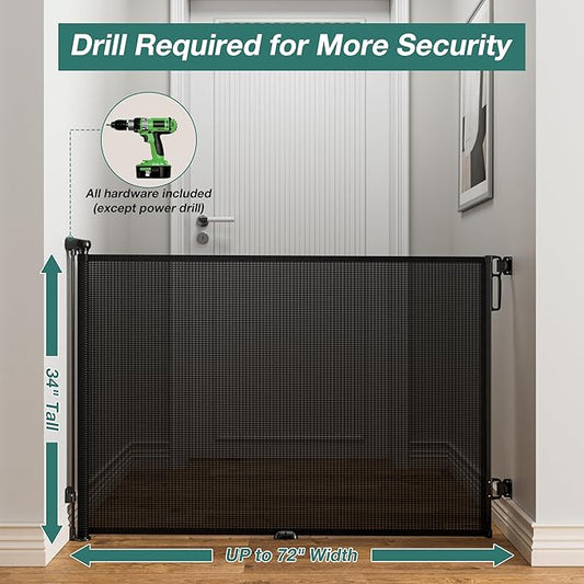 Babepai Retractable Baby Gates Extra Wide | 72" Wide x 34" Tall Dog Gates for Stairs | Indoor/Outdoor Use | Child Gates for Doorways, Deck, Porch, Hallways, Patio - Black