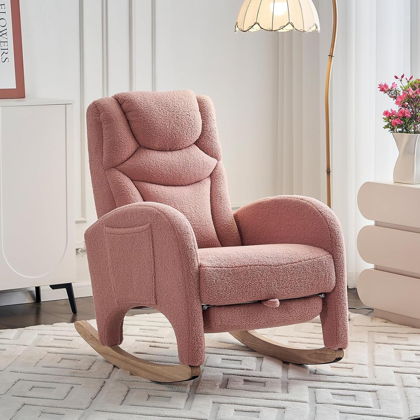 Rocking Chair Nursery with Foot Rest,Upholstered Teddy Glider Rocker with Wood Legs, Nursing Rocking Chair for Living Room/Nursery,Pink