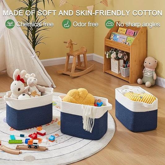 OIAHOMY Storage Baskets - Woven Cotton Rope Baskets for Shelves, Toy Towel Organizer Bins, Pack of 3, Blue & White