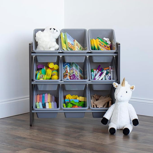 Humble Crew 9-Bin Toy Organizer – Sumatra Espresso/Grey Plastic Bins, 3-Tier Storage Solution for Kids' Playrooms and Nurseries