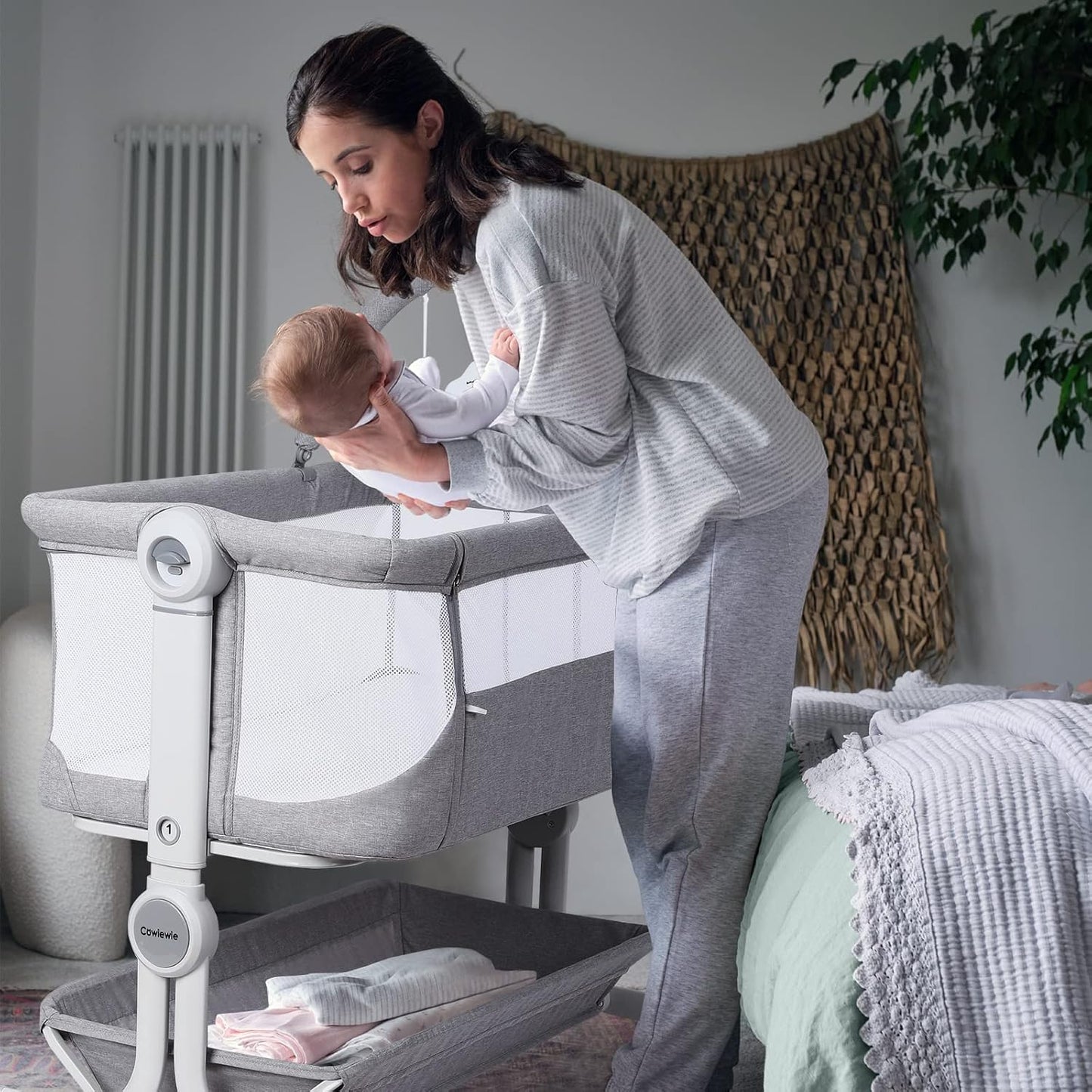 Cowiewie Baby Bassinet 4-Sided Mesh Bedside Sleeper with Wheels for Infant/Newborn Foldable Adjustable Height Portable Bedside Crib(Grey) | Breathable Mesh
