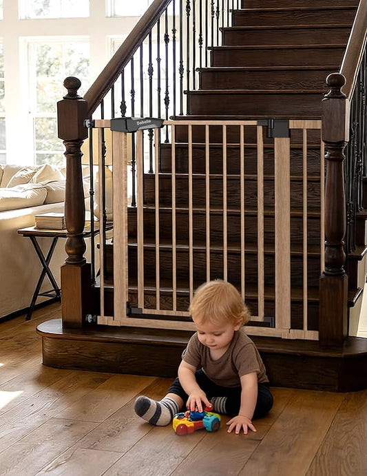Mom's Choice Award Winner, Babelio 26-40" Metal Baby Gate with Wood Pattern, PressGuard C5 Easy Install Pressure Mounted Dog Gate for Stairs and Doorways, with Wall Protectors and Extension Kits