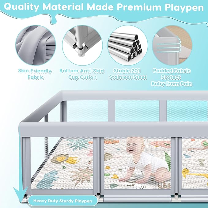 Fshibila 74" ×50" Large Baby Playpen, Baby Playard for Babies and Toddlers, Play Pens for Indoor & Outdoor, Sturdy Safety Play Yard with Soft Breathable Mesh, Anti-Fall, Grey (with MAT)