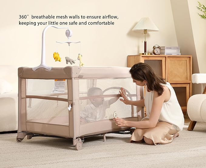 Pack and Play, 4 in 1 Baby Playard – Portable Crib, Bassinet, Bedside Sleeper, Changing Table & Playpen | Breathable Mesh | Safe & Foldable for Newborns to Toddlers (Beige)