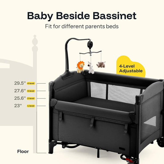 HARPPA Pack and Play 6 in 1, Portable Baby Playard for Travel, Baby Bassinet Bedside Sleeper with Mattress, Rolling Bassinet for Infant, Pack n Play with Changing Table, Bed Crib(Black)