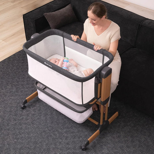 Ezebaby 3-in-1 Baby Bassinet, Rocking Baby Bassinets Bedside Sleeper, Adjustable Portable Crib for Newborn Infant with Wheels Storage Basket and Mesh Sides
