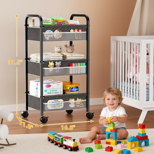 Baby Diaper Caddy Rolling Utility Cart, 3 Tier Baby Essentials Nursery Organizer and Storage with Dividers and Drawers for Crib, Bedroom, Art & Craft Organizer (Black)