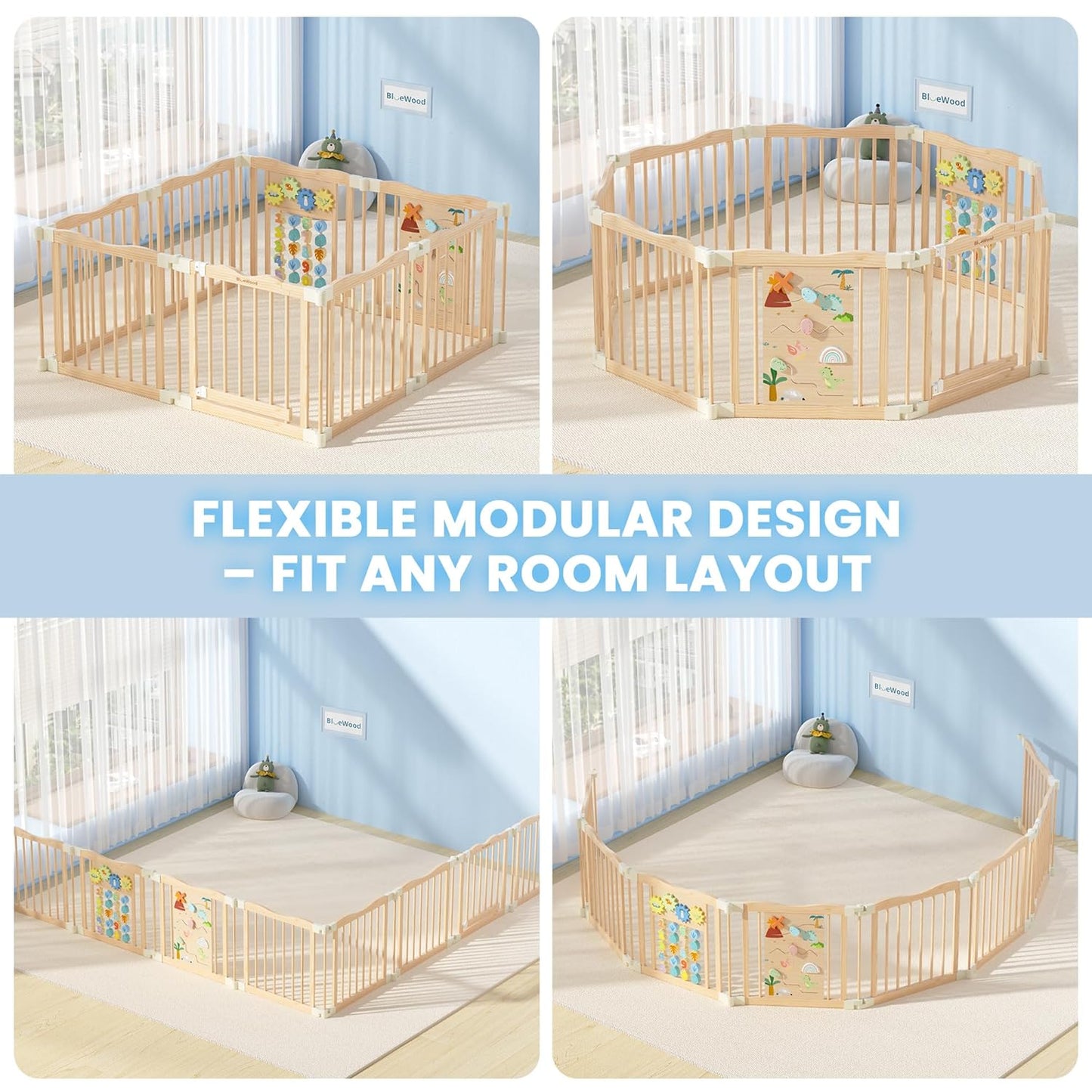 Foldable Wooden Playpen - Adjustable Wood Baby Play Yard with Child-Proof Lock, Indoor Large Safety Fence for Babies and Toddlers - Easy Assembly, 55 x 55 x 24 inches, Dino Land, Colorful