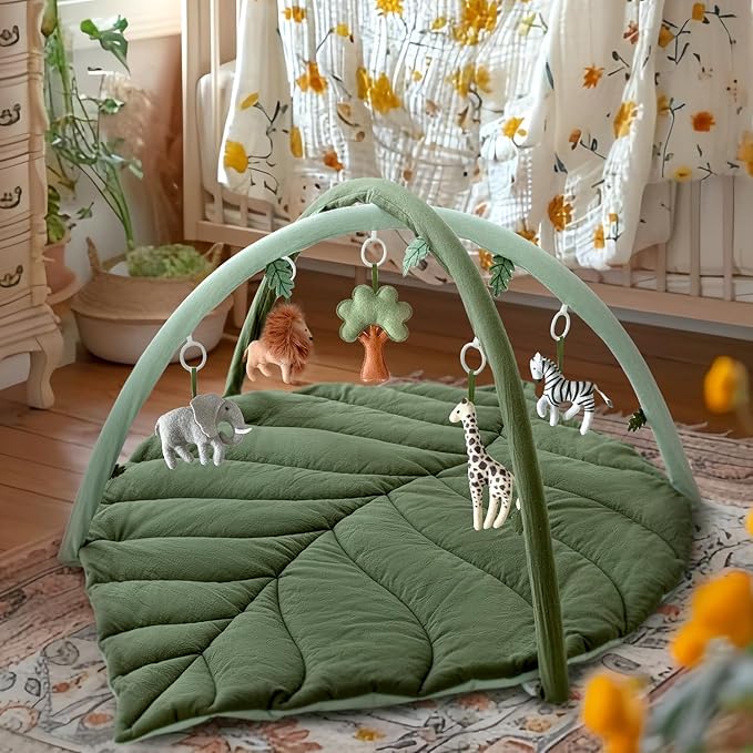 Baby Play Gym with Mat Leaf Shaped, Baby Play Mat with 5 Hanging Toys Tummy Time Mat, Baby Gym Activity Center, Washable (Green)