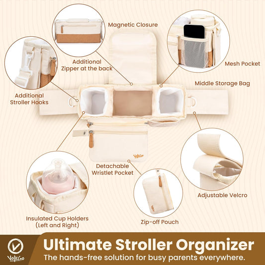 V VOLKGO Stroller Caddy with Cup Holder - Stroller Organizer Bag for Baby Travel Gear, Baby Bottle Organizer & Baby Diaper Caddy | Insulated XL 40oz, Detachable Wristlet, Premium Canvas & Natural Cork