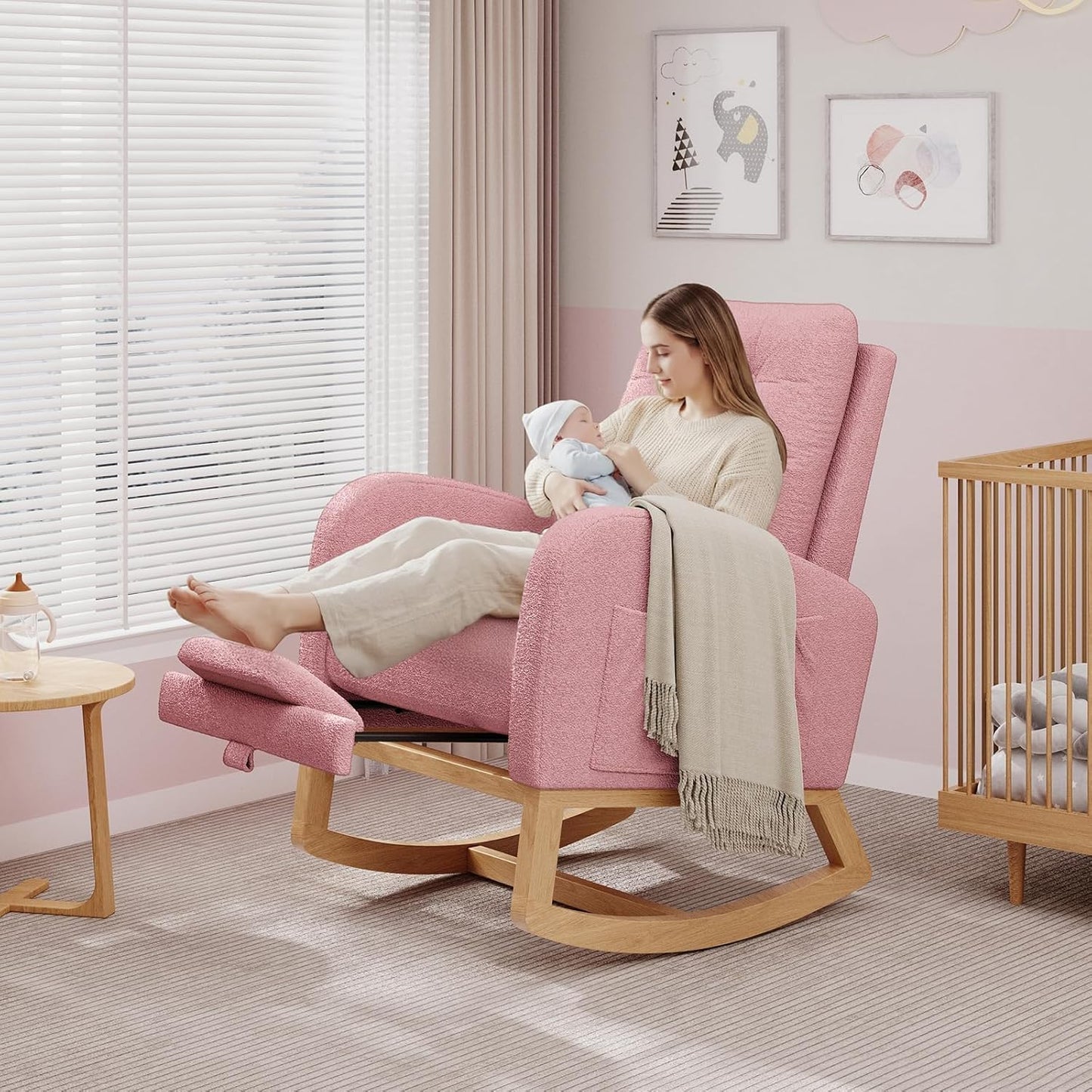 Modern Rocking Chair for Living Room, Comfortable Recliner Rocker with Side Pocket, Soft Linen Upholstered Glider Chair for Bedroom, Nursery, Lounge-Grey