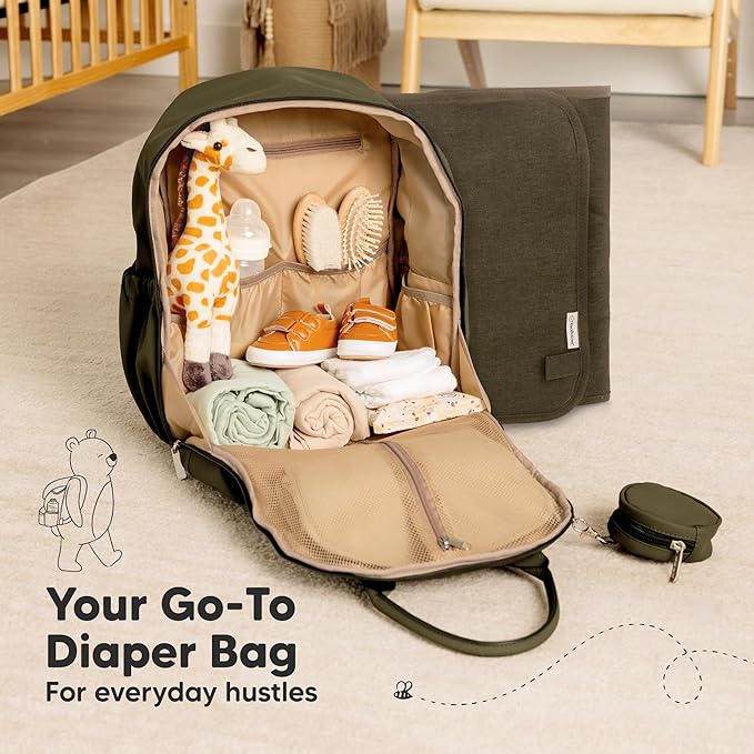KeaBabies Diaper Bag Backpack - Multifunctional Travel Diaper Back Packs, Maternity Baby Changing Bags, Compact 18L Capacity, PU Leather, Waterproof, Unisex, Nappy Changing Pad (Dark Olive)