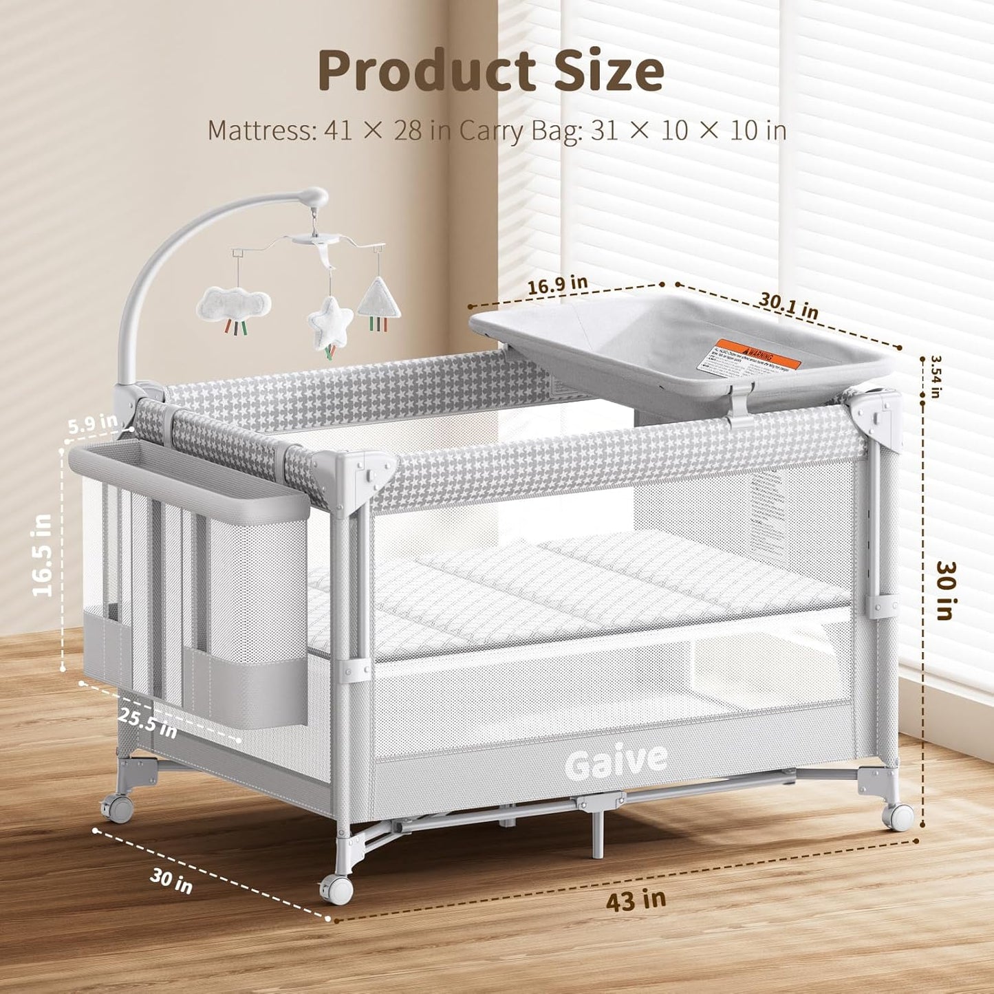 GAIVE 4 in 1 Baby Bassinet, One-Push Setup Pack and Play, Bedside Crib Sleeper with 3 Height Adjustable,Diaper Changer, Come with Comfy Mattress, Rotating Toy Bar, from Infants to Toddlers (Grey)