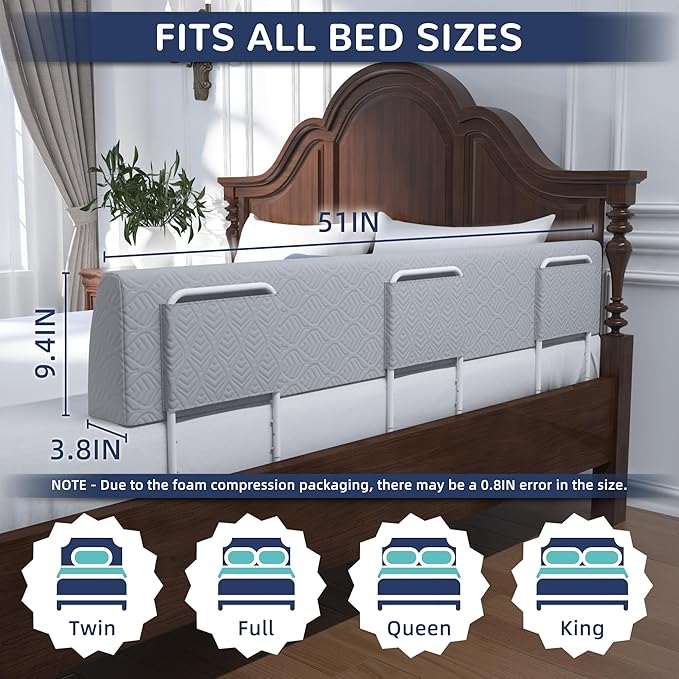 FigTime Bed Bumper for Toddlers, Foam Bed Rail for Toddlers, Toddler Bed Rail Bumper, Soft Safety Bed Guard Rail for Kids, Bed Side Rail for Twin, Full, Queen & King Beds (Grey, 51", 3-Bracket)