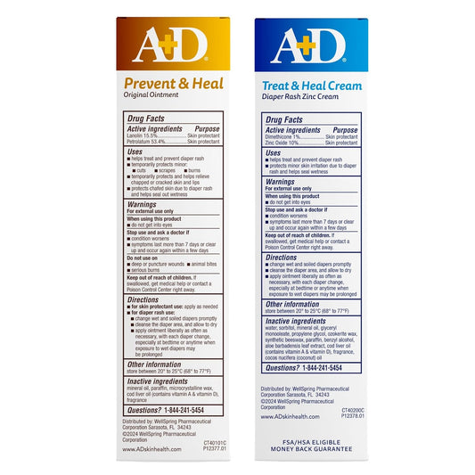 A+D Original Diaper Rash Ointment + Zinc Oxide Diaper Rash Cream 4oz Variety Pack - Prevents & Treats - Moisturizing Skin Protectant With Vitamins A & D