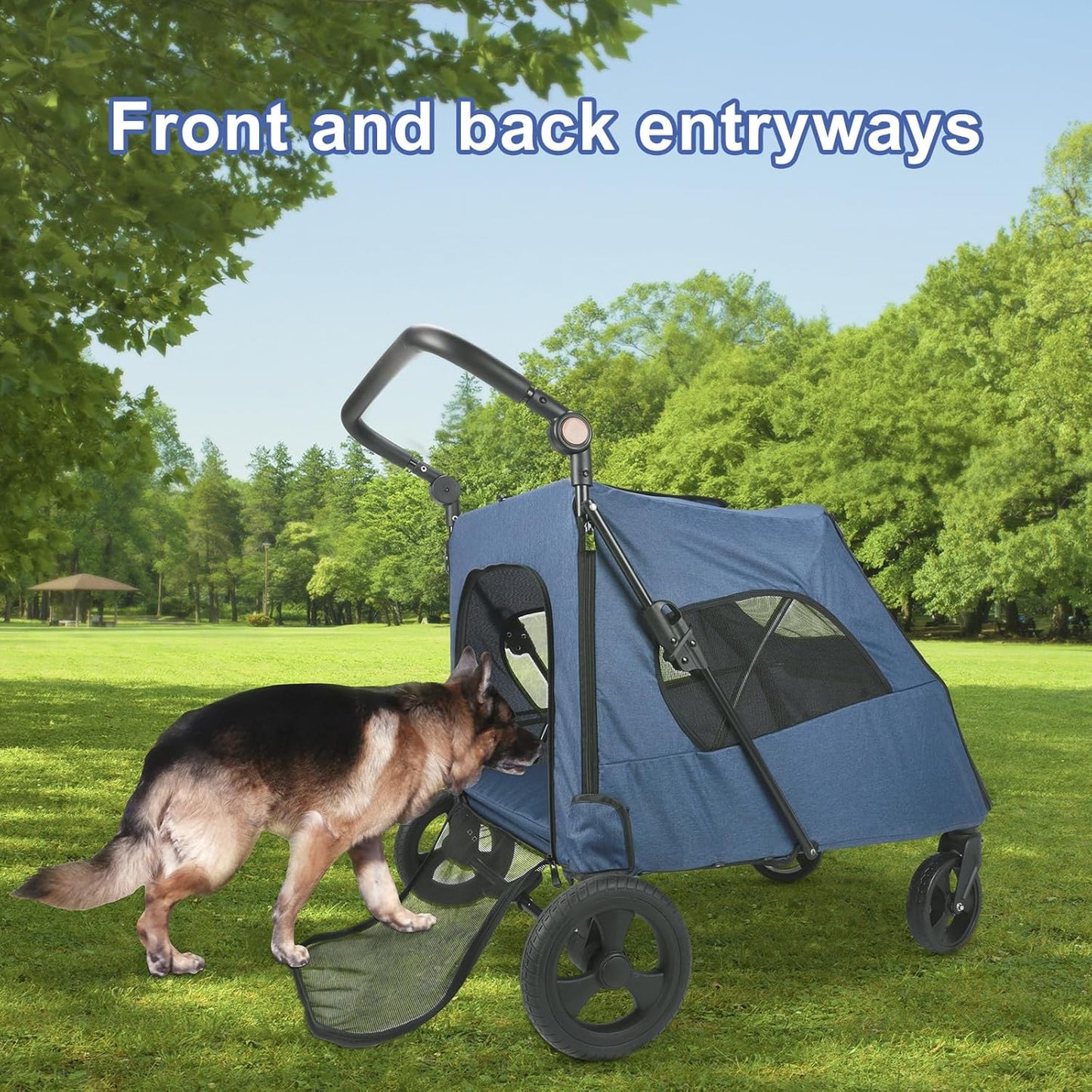 Large Dog Travel Stroller with 4 Heavy Duty Wheels Pet Stroller with Adjustable Handle - Double Doggie Capacity Jogger Wagon with Back Front Door for Small Medium Large Dogs (Dark Light Gray)