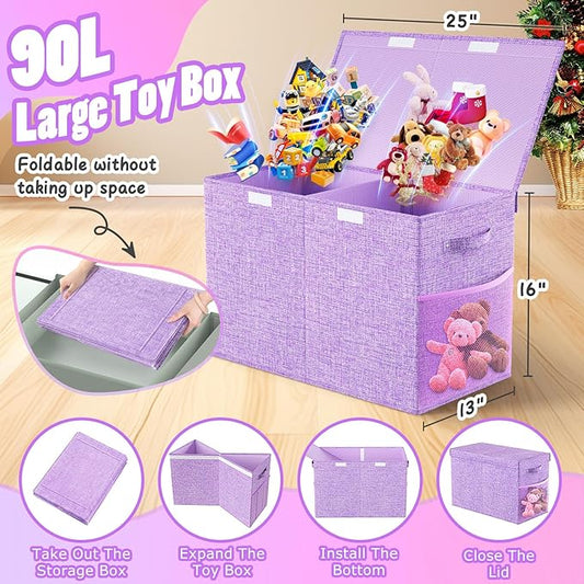 Large Toy Storage Box with Lid Divider, Sturdy Collapsible Toys Organizer Chest Kids Storage Bins Boxes Baskets for Boys, Girls, Nursery, Bedroom, Living Room, Playroom, 25"x13"x16", Purple