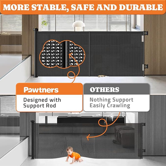Upgrade Retractable Baby Gates, 35" Tall Extends up to 60" Wide, Mesh Dog Gate Indoor for Stairs, Outdoor Reinforced Pet Gate with Support Rods for Doorways Hallways Kitchen Bedroom, Black