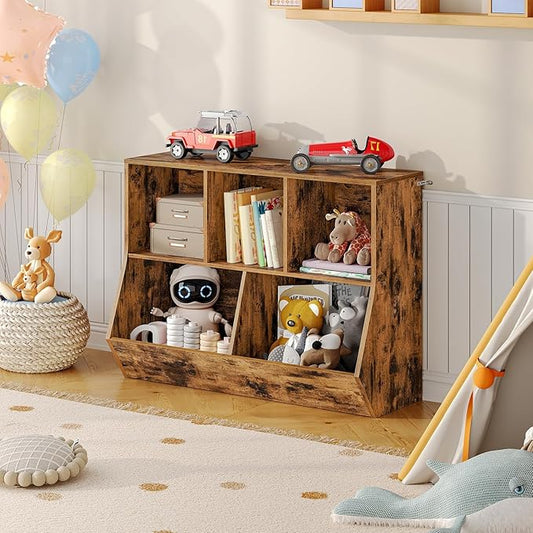 HOOBRO Kids Bookshelf, Bookcase Footboard, Toy Storage Cubby, 35.4" L Children's Toy Shelf, Toy Storage Cabinet, Fit for Children's Room, Playroom, Hallway, Kindergarten, Rustic Brown BF32CW01