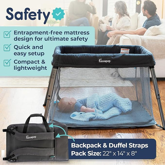 Hiccapop TravelPod Portable Crib for Baby, Lightweight, Foldable Travel Crib for Baby and Toddlers with Zippered Door, Waterproof Base & Carry Bag