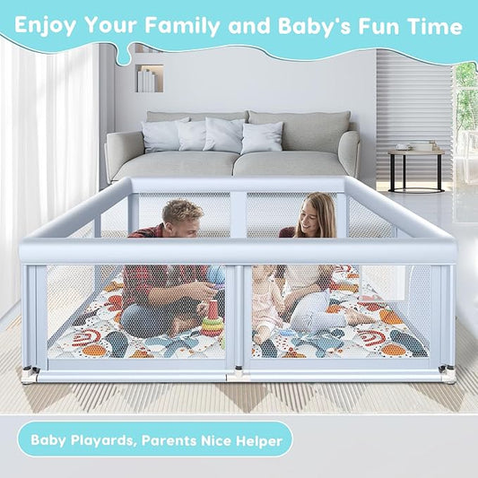 Fshibila 65" ×50" Large Baby Playpen with Mat, Baby Playard for Babies and Toddlers, Play Pens for Indoor & Outdoor, Sturdy Safety Play Yard with Soft Breathable Mesh, Anti-Fall, Grey