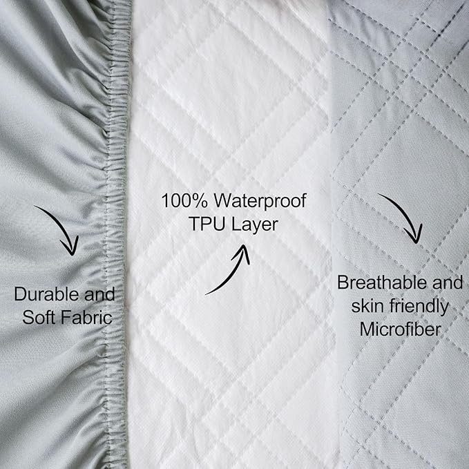 david's kids 2 Pack Waterproof Mini Crib Mattress Protector, Fit Pack N Play, Playard and Mini Crib Mattresses, Ultra Soft Breathable Pad Cover for Boys Girls Neutral, White & Grey Checker