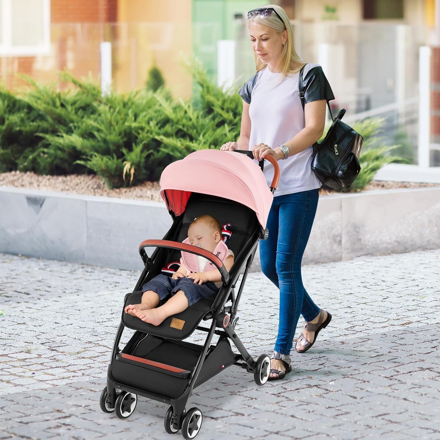HOMGX Lightweight Baby Stroller, Compact Travel Stroller w/Ergonomic Seat, Spacious Basket, Adjustable Backrest, Oversized Canopy, Infant & Toddler Umbrella Stroller for Airplane, Travel (Black)